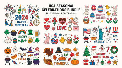Fototapeta premium USA seasonal celebrations bundle featuring symbols and icons