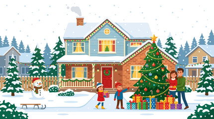 Obraz premium A family decorates a Christmas tree outside their house on a snowy winter day.