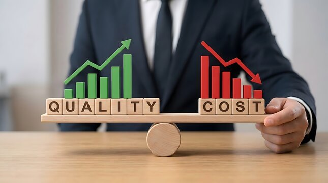 Balancing Business Growth: Businessman showing increasing quality against decreasing cost on a balance scale with charts.