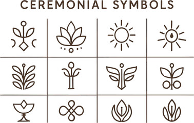 Fototapeta premium Minimalist line art ceremonial symbols grid featuring nature-inspired and spiritual designs on a white background.