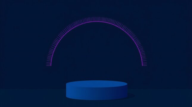 Abstract futuristic archway over a blue podium on a dark blue background