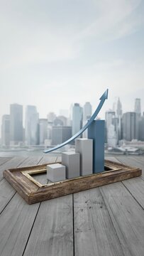 Conceptual 3D bar graph with rising arrow inside a frame against city skyline