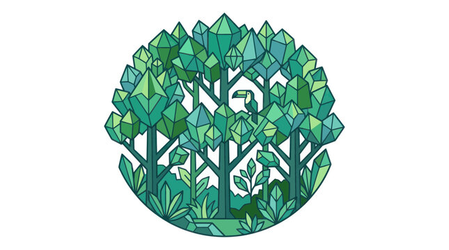 Geometric jungle with crystal trees and toucan bird emblem