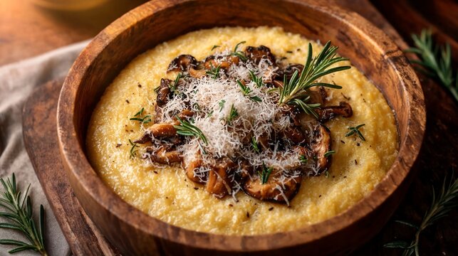 Delicious bowl of creamy polenta with mushrooms and herbs on top