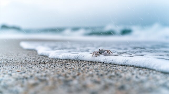 雨が降る海辺のビーチと波の泡の上を歩くかわいいカニのシンプルな景色