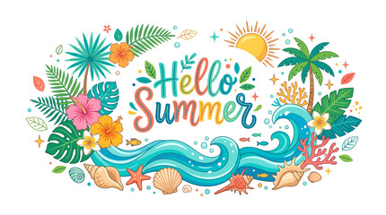Hello summer typography with tropical beach and ocean elements © Ultimate