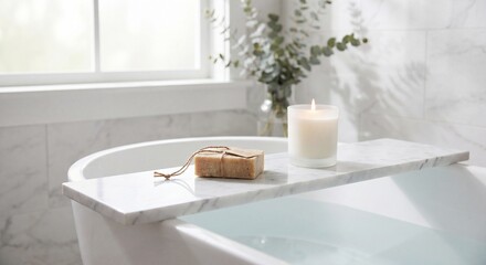 Fototapeta premium A lit candle and soap rest on a marble tray over a white bathtub in a bright bathroom setting.