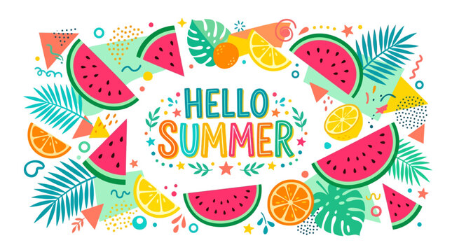 Colorful hello summer banner with tropical fruit and palm foliage