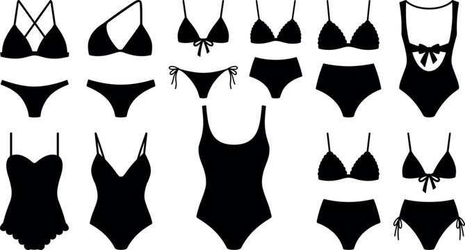 Women swimsuit swimwear and lingerie black silhouette vector set featuring bikinis one piece bathing suits bras and panties on white background