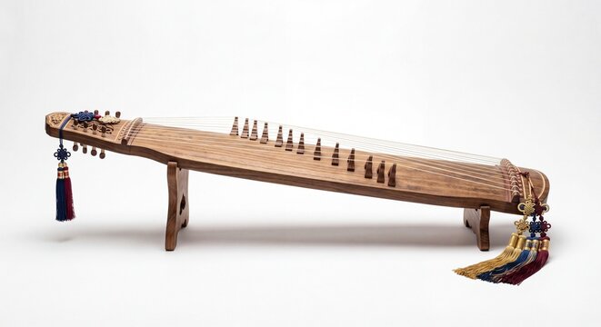 A traditional Korean Gayageum zither with multiple strings and colorful tassels on a stand.
