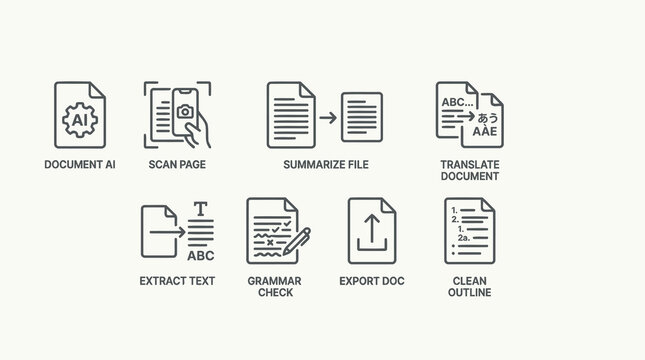 Digital document processing and text manipulation icons showing scanning file summarization language translation text extraction grammar check and export.