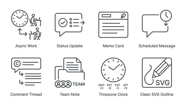 Async work and project management icons featuring status updates memo cards scheduled messages comment threads team notes and timezone clocks for teams.