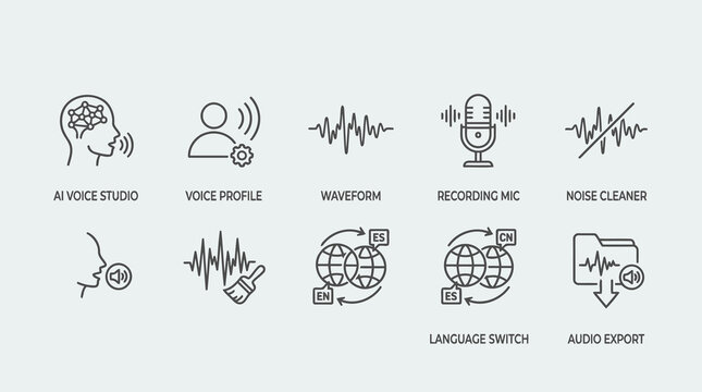 Professional audio editing and voice technology icons featuring sound studio waveform recording microphone noise cancellation language switching and export.