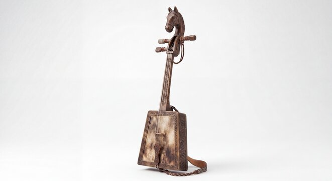 A Traditional Mongolian Morin Khuur with a Square Resonator and Carved Horse Head Scroll Design.