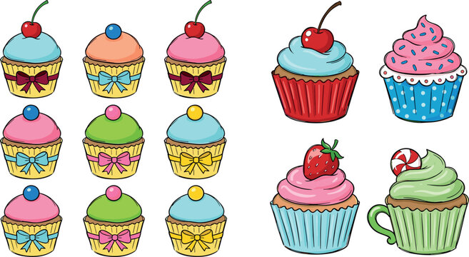 Colorful cupcake vector illustration collection featuring cute frosted muffins decorated with bows cherries strawberries and candy toppings