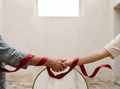 Generational hands tied together with red ribbon holding a brass ring symbolizing family bond and unbreakable connection