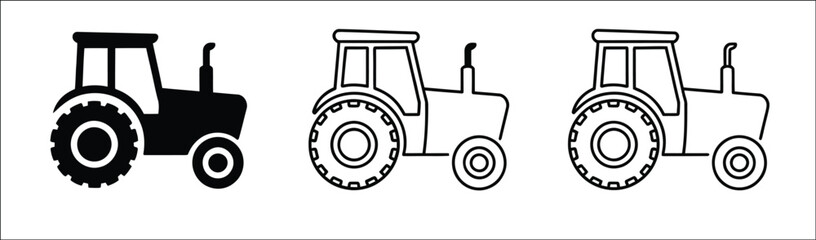 Farm tractor icon set illustration, solid outline and sketch style collection, agricultural machinery symbols, farming equipment vector icons, modern rural technology design elements isolated on white © Vector Creator
