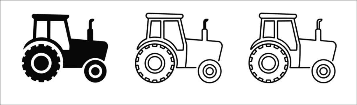 Farm tractor icon set illustration, solid outline and sketch style collection, agricultural machinery symbols, farming equipment vector icons, modern rural technology design elements isolated on white