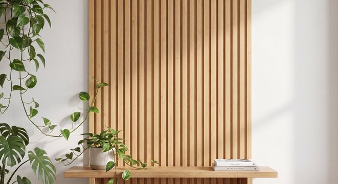 A vertical wooden slat wall paneling behind a shelf with a trailing green plant in a bright room.