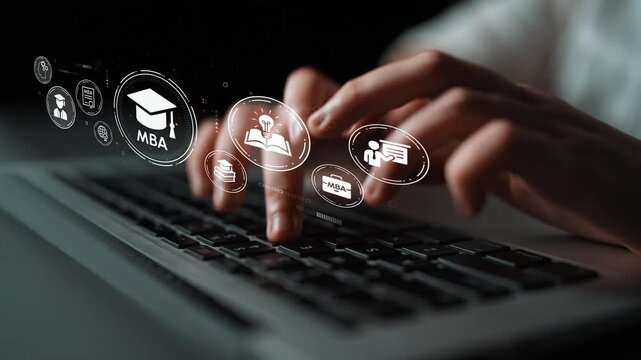 Hands Typing on Laptop with Floating Educational Icons Representing Online Learning and MBA Programs in Dark Background. Entropy.