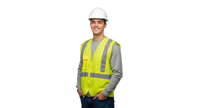 Smiling construction worker wearing yellow vest and hard hat isolated on transparent background