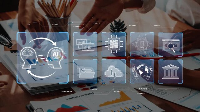 A dynamic business setting highlighting collaboration and the integration of artificial intelligence with digital concepts, featuring growth charts and teamwork. Raster