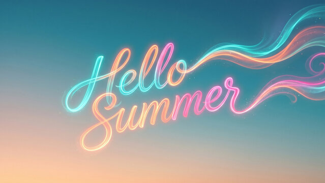 Elegant Hello Summer Neon Script with Soft Pastel Gradient Background