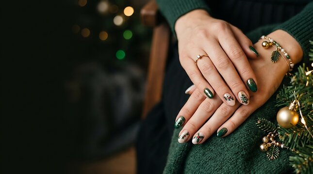 Close up of festive holiday manicure with christmas tree nail art
