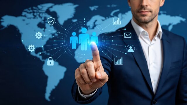 Businessman touching virtual screen interface, global network icons surrounding human figures on world map background, representing international communication, teamwork