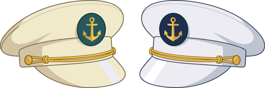 Nautical captain hat vector set featuring white and beige sailor caps with golden anchor badges isolated on white background
