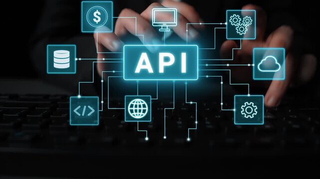 Hands typing on keyboard with glowing API icons and digital connections showcasing modern technology, data integration, and software development concepts. Entropy.