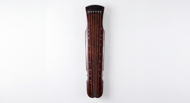 A dark wooden Guqin seven-string zither instrument displayed vertically on a white background.