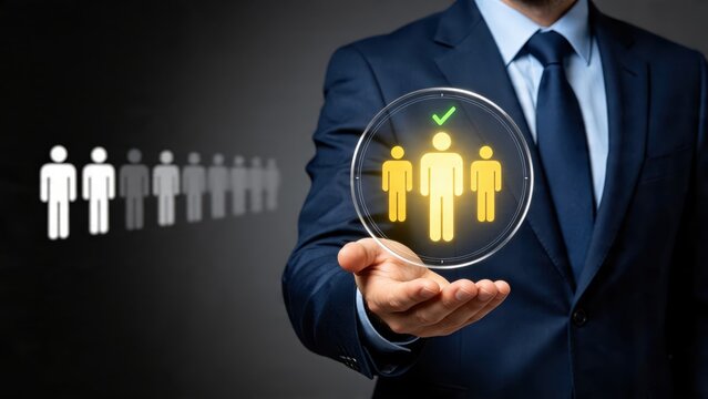 Businessman hand holding holographic interface selecting best candidate from group of people icons for recruitment, human resources management and hiring process concept.