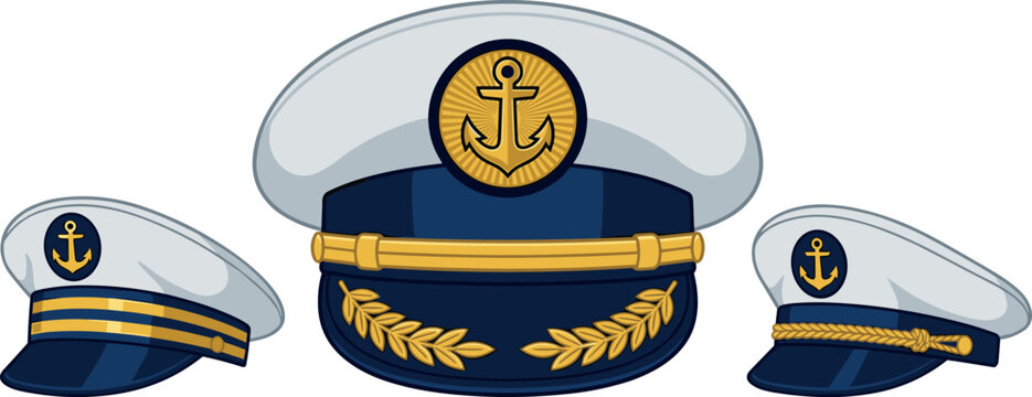 Nautical officer captain hat vector collection featuring detailed navy sailor caps with golden anchor emblems isolated on white background