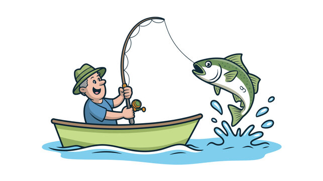 Fisherman in boat reeling in a jumping fish illustration, dynamic fishing adventure scene, angler catching freshwater fish, outdoor recreation and sport fishing concept, vector design isolated on whit