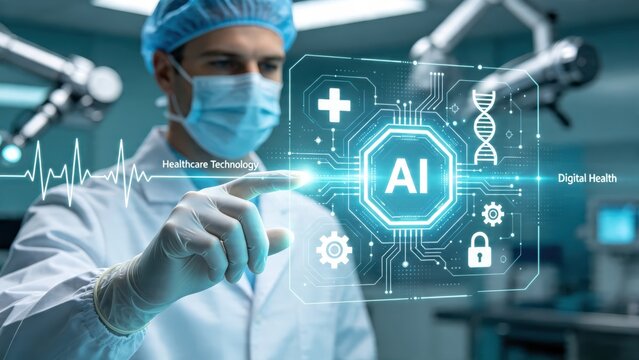 Surgeon Interacting with AI-Powered Healthcare Technology Hologram Interface Featuring DNA, Gears, Lock, and Plus Symbol for Digital Health Innovation in Operating Room Environment