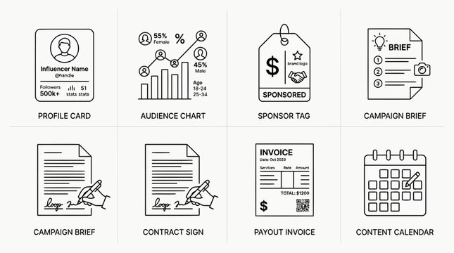 Influencer marketing campaign management icons showing profile card audience chart sponsor tag brief contract invoice and social content calendar set.