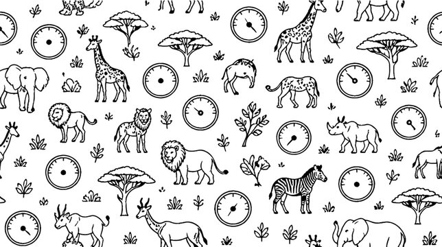 African Wildlife Pattern with Giraffes Elephants and Zebras.