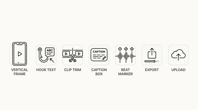 Video editing and content creation icons set including vertical frame hook text clip trim caption box beat marker export and cloud upload symbols.