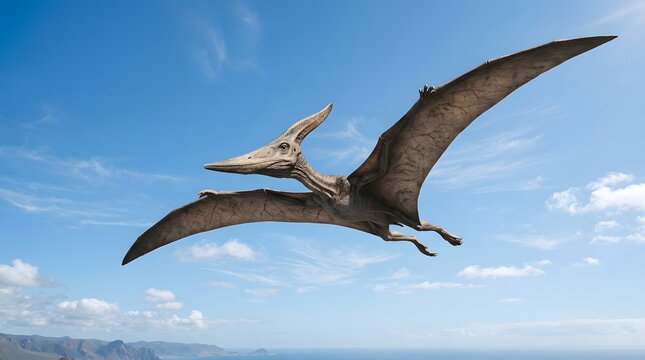 Flying pterodactyl soaring through blue sky above coastal islands in bright daylight summer weather.