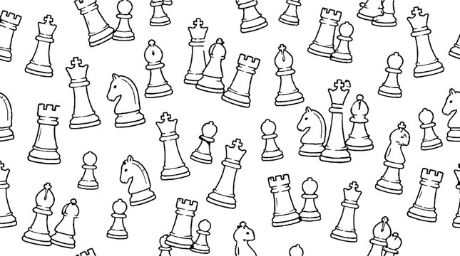 Scattered chess pieces in black and white outline style.