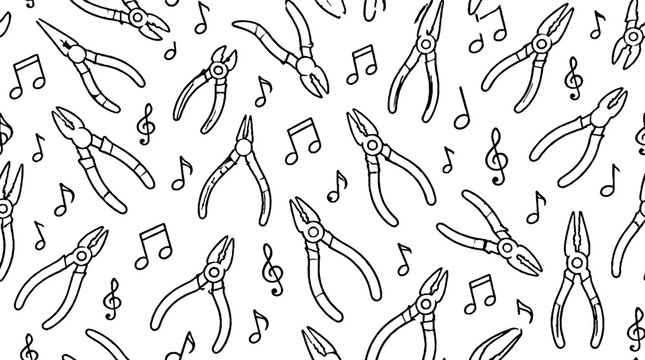Pliers and musical notes seamless pattern design.