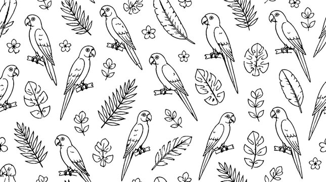 Colorful parrots perched on branches with tropical leaves.