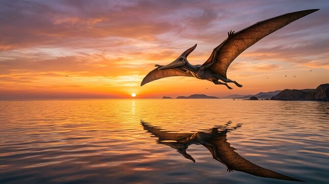 Pterodactyl flying over ocean during sunset with golden reflection on calm water surface atmosphere.