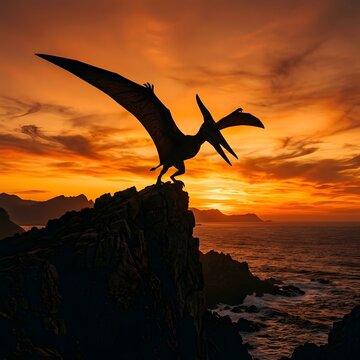 Pterodactyl silhouette standing on high rocky cliff edge overlooking ocean during vibrant orange sky.