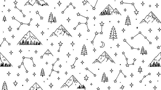 Whimsical mountain and constellation pattern design.