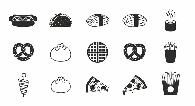 Variety of baked fast food icons.