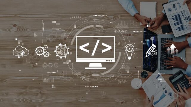 A creative workspace showcasing modern technology and coding elements with laptops and graphic icons on a wooden desk, emphasizing innovation and teamwork. Raster