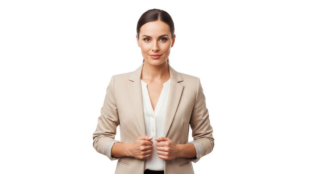 Professional young woman in a beige business suit jacket isolated on transparent background
