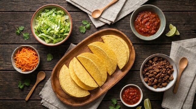 Taco bar station with empty hard shells salsa ground beef and fresh vegetables on dark wood table